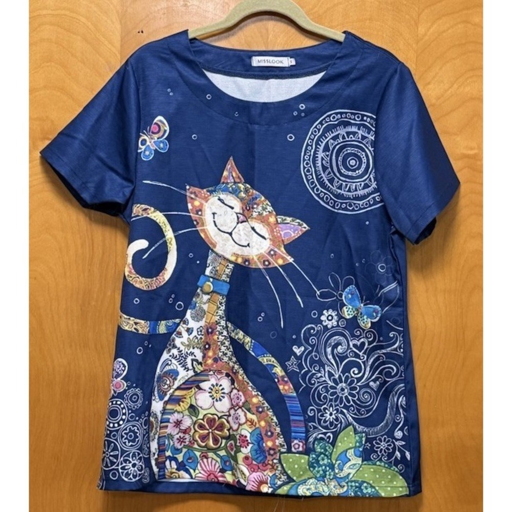 Misslook‎ Cat Novelty Top T Shirt Women's Oversized Satin Feel Artsy Size S
